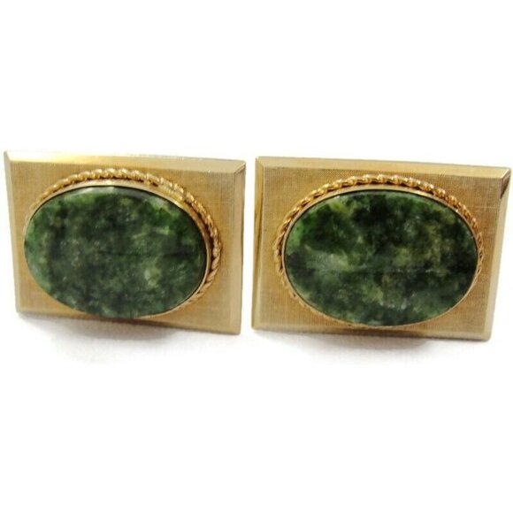 Vintage Destino Square Cufflinks 1/20 12K Gold Filled Green Oval Jade Center - Picture 2 of 12
